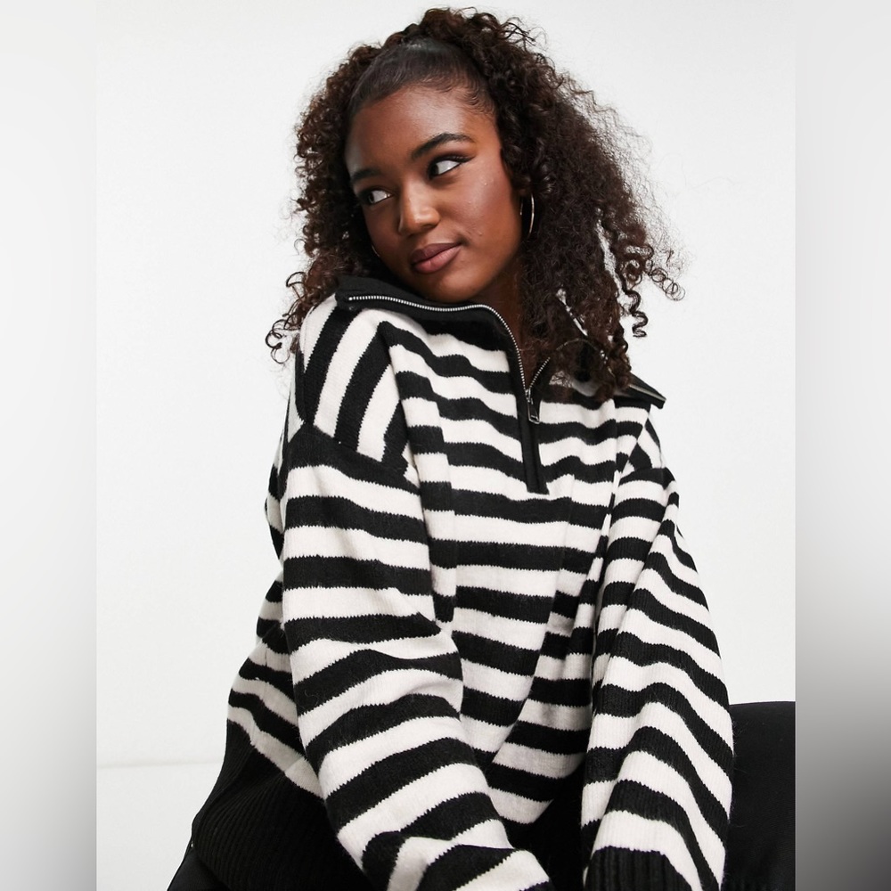 Bershka zip up collar detail oversized sweater in monochrome stripe
